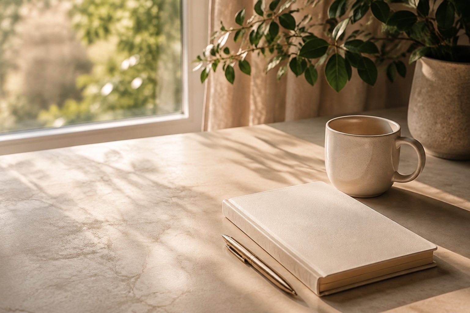 A quiet home workspace with an ivory notebook, champagne pen, ceramic mug, and green leaves in morning light